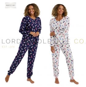 05-IN45815-Wholesale Ladies Long Sleeve Playful Pooch 100% Knitted Cotton Jersey Jogger Pyjama Set by Indigo Sky