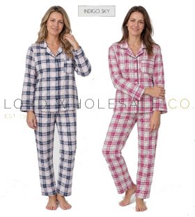 IN48987 Two female models wearing Indigo Sky ladies 100% cotton check wincyette pyjamas in navy pink and pink check front view
