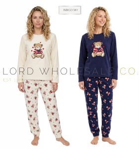 Ladies Teddy Print Cosy Soft Fleece Jogger Pyjama Set by Indigo Sky 1 Piece