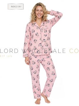 IN50062 Indigo Sky ladies pink racoon print 100% brushed cotton wincyette pyjamas front view
