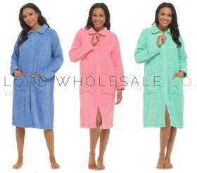 Ladies 100% Cotton Long Sleeve Towelling Gown With Zip by Tom Franks 6 Pieces