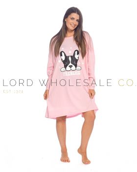 Ladies Long Sleeve Pink Frenchie 100% Jersey Cotton Nightshirt by Follow That Dream