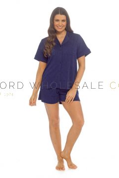 Ladies broderie anglaise traditional button pyjama short set available in wholesale packs.