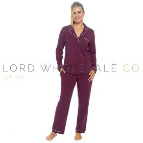 LN647 Ladies plum 100% cotton jersey button through pyjamas by Foxbury