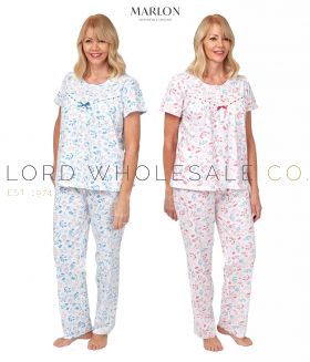 CLEARANCE Ladies Floral Lyla Short Sleeve Revere 100% Cotton Jersey Pyjamas by Marlon