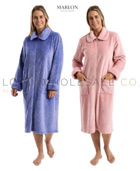 03-MA45714-Wholesale Ladies Soft Feel Deco Design Embossed Fleece Zip Gown by Marlon