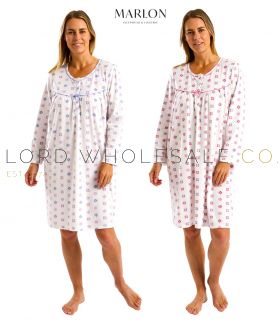 Woman wearing Marlon Geo Floral 40" thermal brushed nightdress – wholesale cosy winterwear. Comes in Blue & Pink and assorted sizes by Marlon
