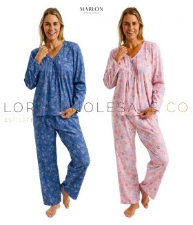 Ladies Polycotton Autumn Leaf Pintuck Soft Knitted Jersey Long Sleeve Pyjamas by Marlon
