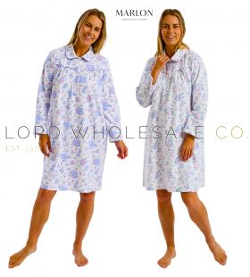 Ladies 40" Brushed 100% Cotton Floral Bouquet Print Wincyette Long Sleeve Nightdress by Marlon