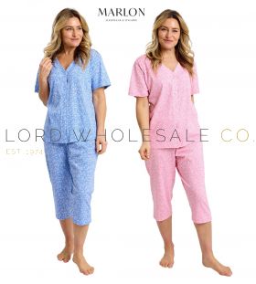 Ladies Jersey Polycotton Scattered Floral Button Through Crop Capri Pyjamas by Marlon