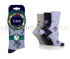 Ladies RHS Floral/Insect Gentle Grip Socks by Sock Shop 3 Pair Pack
