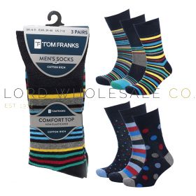 Men's 3pk Colourful Stripe/Spot Design Non-Elastic Socks by Tom Franks 4 x 3 Pair Pack