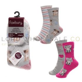 Ladies 2pk Cat/Dog Novelty Brushed Chenille Cosy Socks With Gripper by Foxbury 6 x 2 Pair Pack