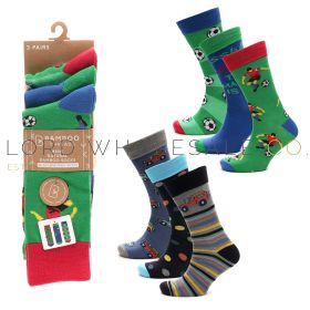 Men's 3pk Football & Cars Novelty Design Bamboo Socks by Bamboo Threads 4 x 3 Pair Pack