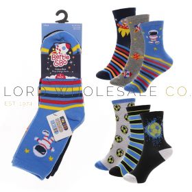 Boys 3pk Football/Aerospace Design Socks by Bertie & Bo 12 x 3 Pair Pack