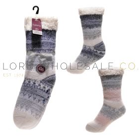 06-SK1425-Wholesale Ladies Pink/Navy Sherpa Lined Lounge Socks With Grippers by Foxbury 6 Pieces