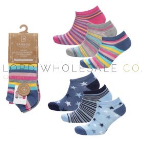 Ladies 3pk Colour Stripe/Blue Stars Bamboo Socks by Bamboo Threads 4 x 3 Pair Pack