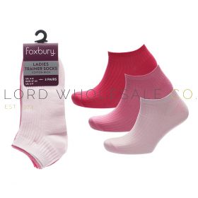Ladies trainer socks in assorted colours and sizes, available in wholesale packs.
