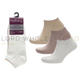 Ladies trainer socks in assorted colours and sizes, available in wholesale packs.