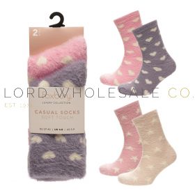 Ladies 2pk Heart & Stars Brushed Cosy Socks by Foxbury 4 x 2 Pair Pack