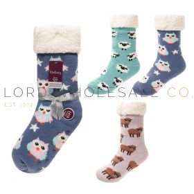 SK1722 Ladies novelty animal print lounge socks with sherpa lining and non-slip grips