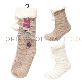 Ladies 1pk Chenille Sherpa With Lurex Lounge Socks With Grips by Foxbury 6 Pairs