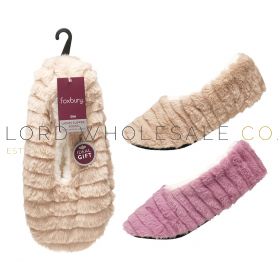SK1737 Ladies Foxbury Faux Fur Sherpa Lined Slipper Socks in Beige and Pink With Packaging