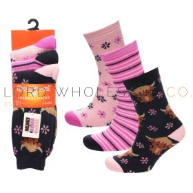 SK1738 Ladies HeatGuard Highland cow thermal socks 3 pair assorted pack wholesale