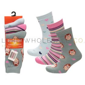 Ladies 3pk Hedgehog Print Thermal Socks by Heatguard 4 x 3 Pair Pack