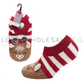 Ladies Sherpa Lined Novelty Highland Cow Slipper Socks With Grips by Foxbury 12 Pairs
