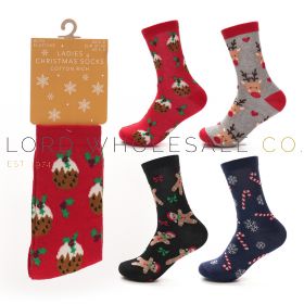 Ladies 1pk Cotton Rich Assorted Christmas Design Socks 12 Pairs