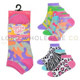 CLEARANCE Girls 3pk Camo/Animal Design Trainer Socks by Bertie & Bo 12 x 3 Pair Pack