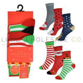 Children's 3pk Assorted Christmas Design Socks 12 x 3 Pair Pack