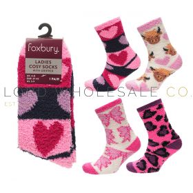Ladies 1pk Assorted Designs Cosy Socks With Grippers by Foxbury 12 Pairs