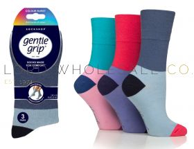 Ladies Colour Burst Colour Hybrid Coral/Blue/Turquoise Gentle Grip Socks by Sock Shop 3 Pair Pack