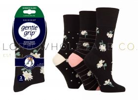 SOLRM45G3 Ladies SockShop Bamboo Gentle Grip daisy floral socks 3 pair pack in assorted black designs