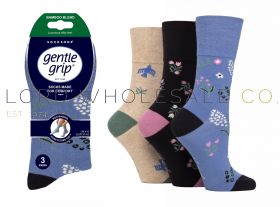 SOLRM46G3 Ladies SockShop Bamboo Gentle Grip floral and bird socks 3 pair pack in blue, black and beige