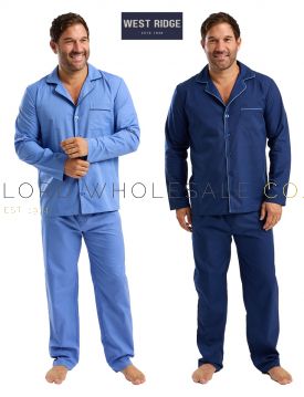 Man wearing men’s polycotton pyjamas – soft and comfortable sleepwear wholesale. Assorted sizes, light blue & navy by West Ridge, wholesale bulk buy.
