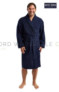 Man wearing 100% cotton towelling gown – soft and absorbent robe wholesale,. Bulk buy, assorted sizes in navy by West Ridge 