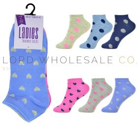 Ladies Spot & Heart Design Trainer Socks 12 Pairs