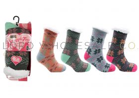 Ladies Snuggle Toes Snowflakes Fur Lined Thermal Slipper Socks 12 Pieces