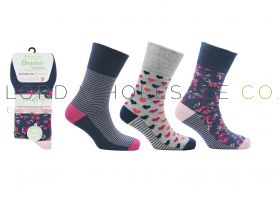 Ladies Heart/Stripe/Floral 3 Pair Pack Wellness Organic Cotton Socks Venice by Eazy Grip