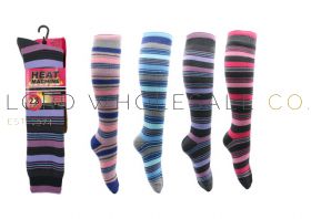 Ladies Striped Thermal 2.3 TOG Long Length Heat Machine Socks 12 pairs