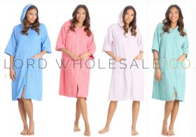 Ladies 100% Cotton Hooded Zip Towelling Gowns with Pockets 8 Pieces