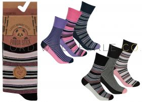 Ladies Assorted Stripe Design Bamboo Non Elastic Socks by Pandastick, 12 x 3 Pairs