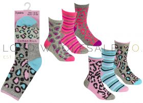 43B650 Older Girls Animal Print Socks 12 x 3 Pair Packs