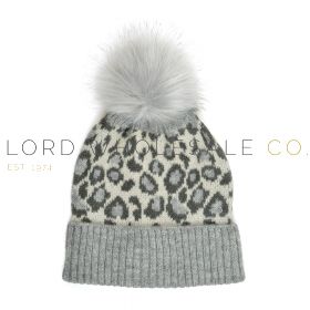 Ladies Knitted Snow Leopard Hat with Pom Pom by Foxbury 12 Pieces