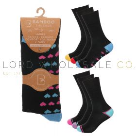 Ladies 3pk Heart & H&T Bamboo Non-Elastic Socks by Bamboo Threads 4 x 3 Pair Pack