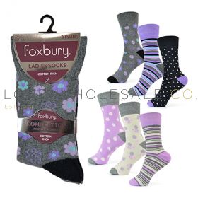 Ladies 3 pack Flower Design Non Elastic Cotton Rich Socks by Foxbury