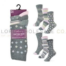 Ladies 3 pack Spot/Stripe Design Cotton Rich Socks by Foxbury
